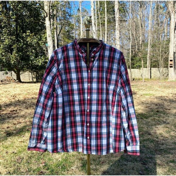 J.Crew Red White Tartan Christmas Plaid Button Front Blouse - Picture 1 of 7